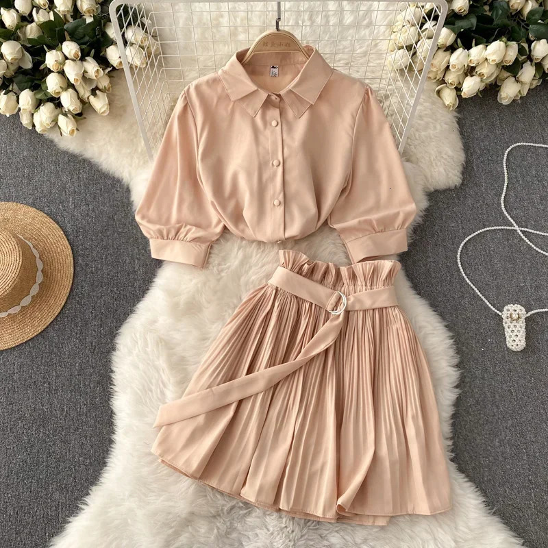 Two Peice Set For Women Summer Turn Down Collar Crop Top Shirt Pleated Mini Skirt Tracksuit Lounge Club Outfits Streetwear 250514