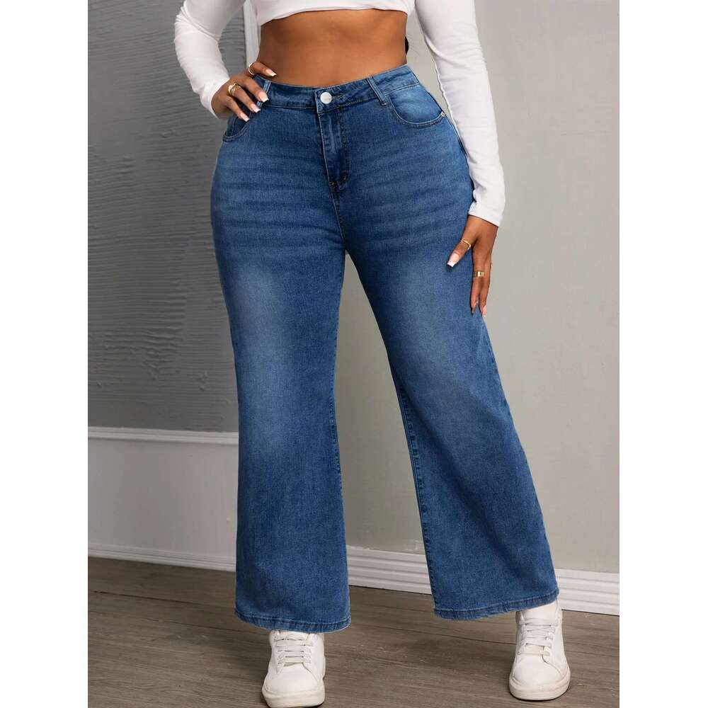 Women's Fashion Plus Size High Rise Straight Wide Leg Jeans - Stretch Comfort, Washed Blue