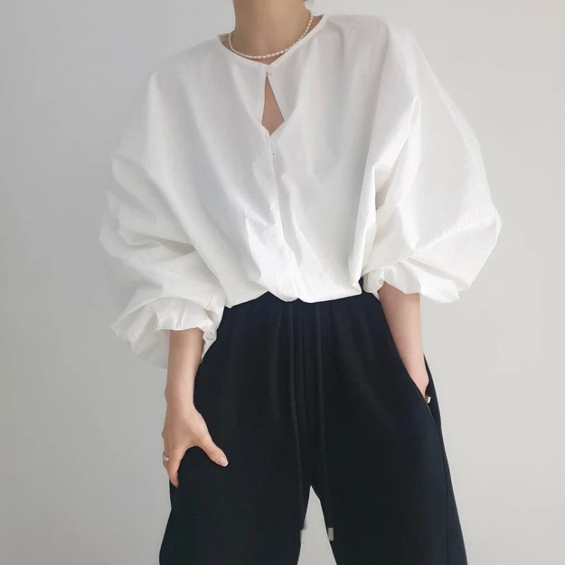 REALEFT Spring Summer Lantern Sleeve Womens Blouses Oneck Office Lady Casual Loose White Shirts for Women 250514