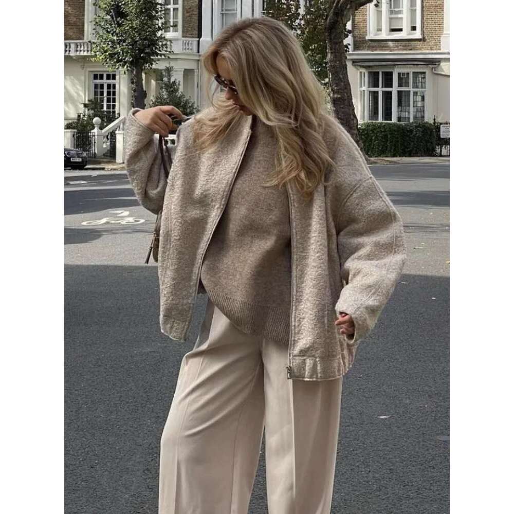 ZBZA Women's Bomber Jacket Solid Stand Collar Long Sleeve Pocket Zip Elastic Hem Oversize Outerwear Fall Winter Female Chic Coat