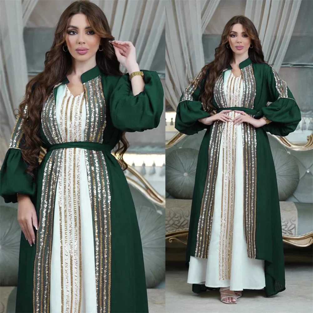 Moroccan Caftan Luxury Sequins Lantern Slve 2 Pieces Dress Abaya Muslim Sets Ramadan Dresses for Women Eid Jalabiya Dubai Robe X250514