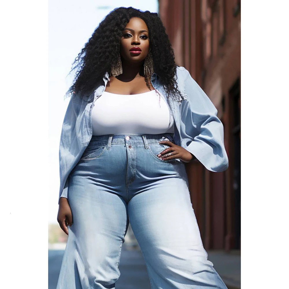 Plus Size Womens Denim Suit Light Blue Spring And Summer Shirt Collar Long Sleeve Fashion Tops Bottoms TwoPiece 250506
