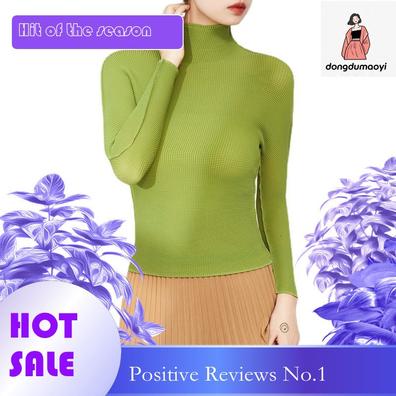 dongdumaoyi Miyake seamless integrated semi base shirt pleated high neck temperament, slim fit and slimming long sleeved T-shirt for women, thin versi