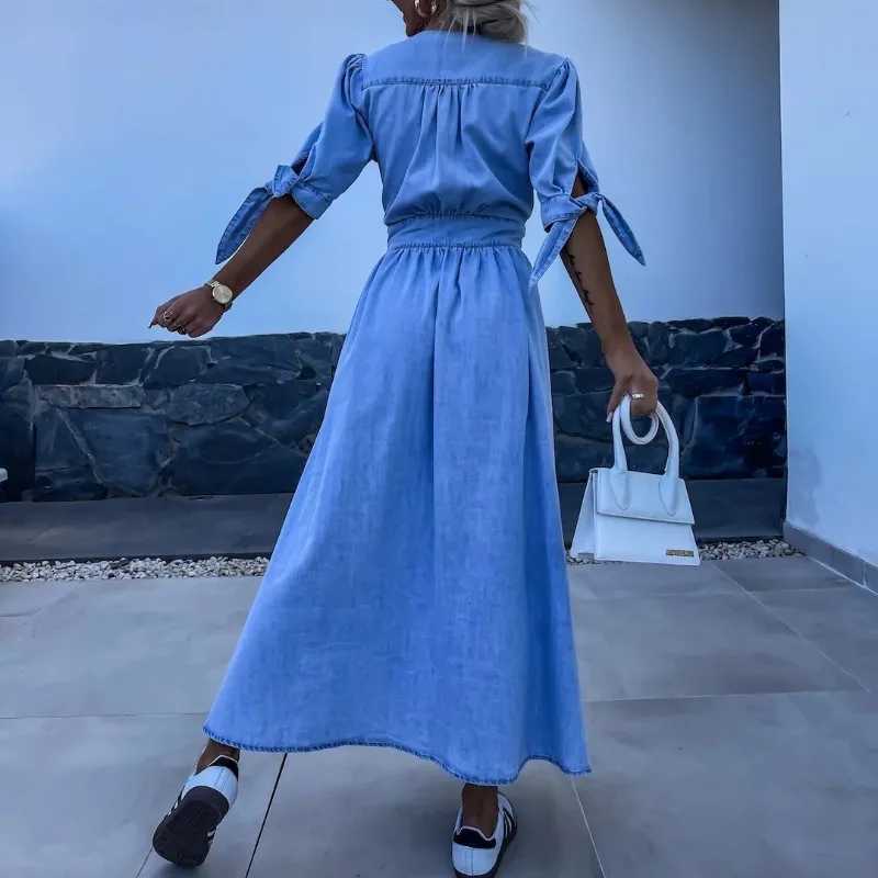 Spring Summer New Womens Clothing Solid Color Fashion Sexy V-neck Long Single-Breasted Denim DressXJ250514