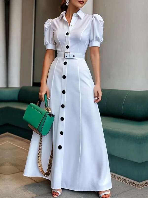 Modigirl Womens Summer Shirt Dress 2025 New Fashion Short Sleeve Woman Casual Long White Dresses with Belt Simple Clothing