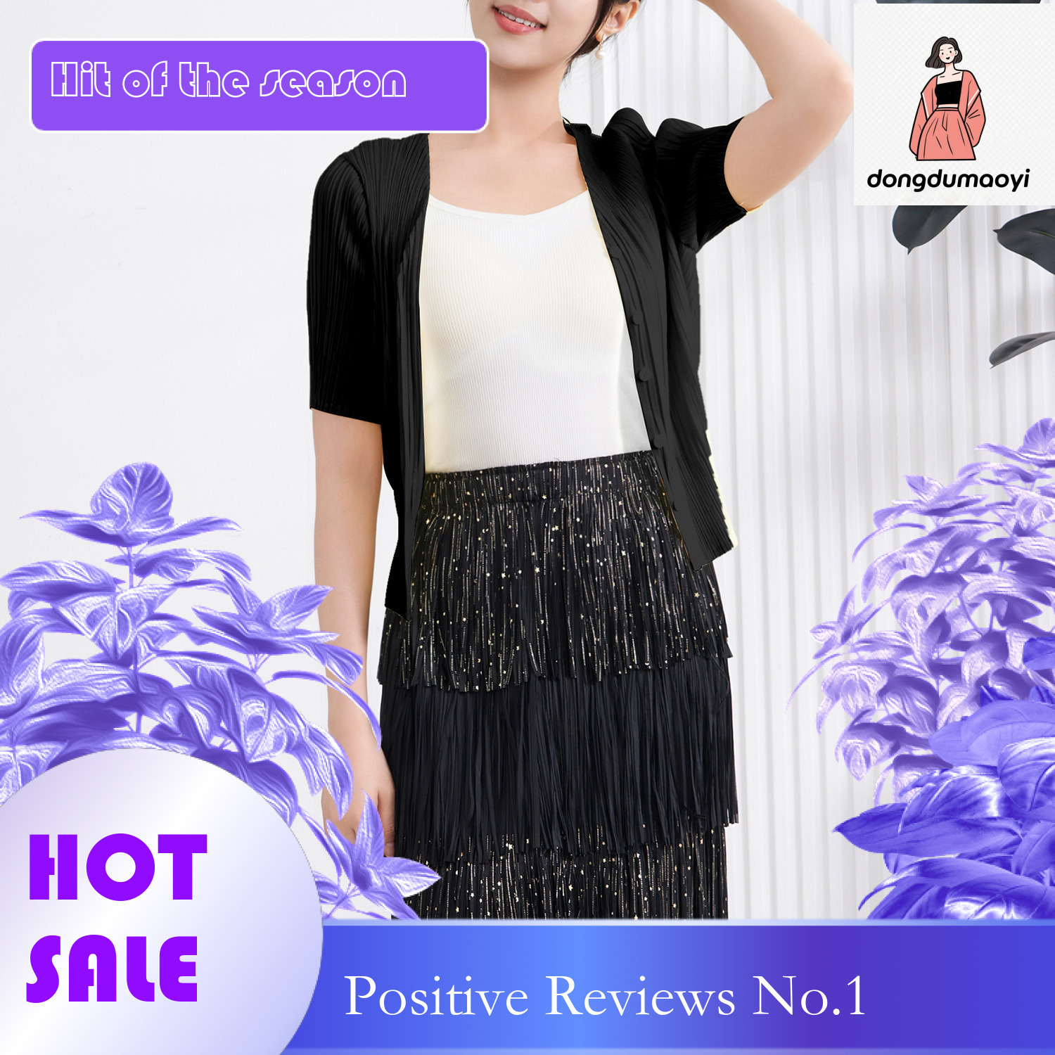 dongdumaoyi Miyake temperament, small outdoor outfit, women's summer new style, high-end feeling, slimming, simple and versatile short sleeved sh