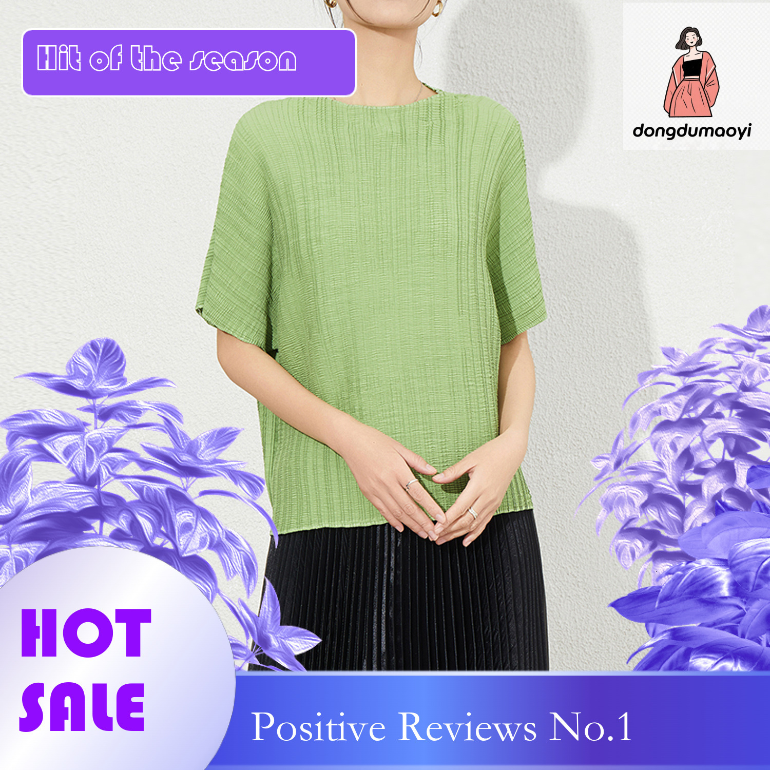 dongdumaoyi French bat sleeve round neck loose slimming top for women 2025 new high-end plus size western-style versatile pleated T-shirt