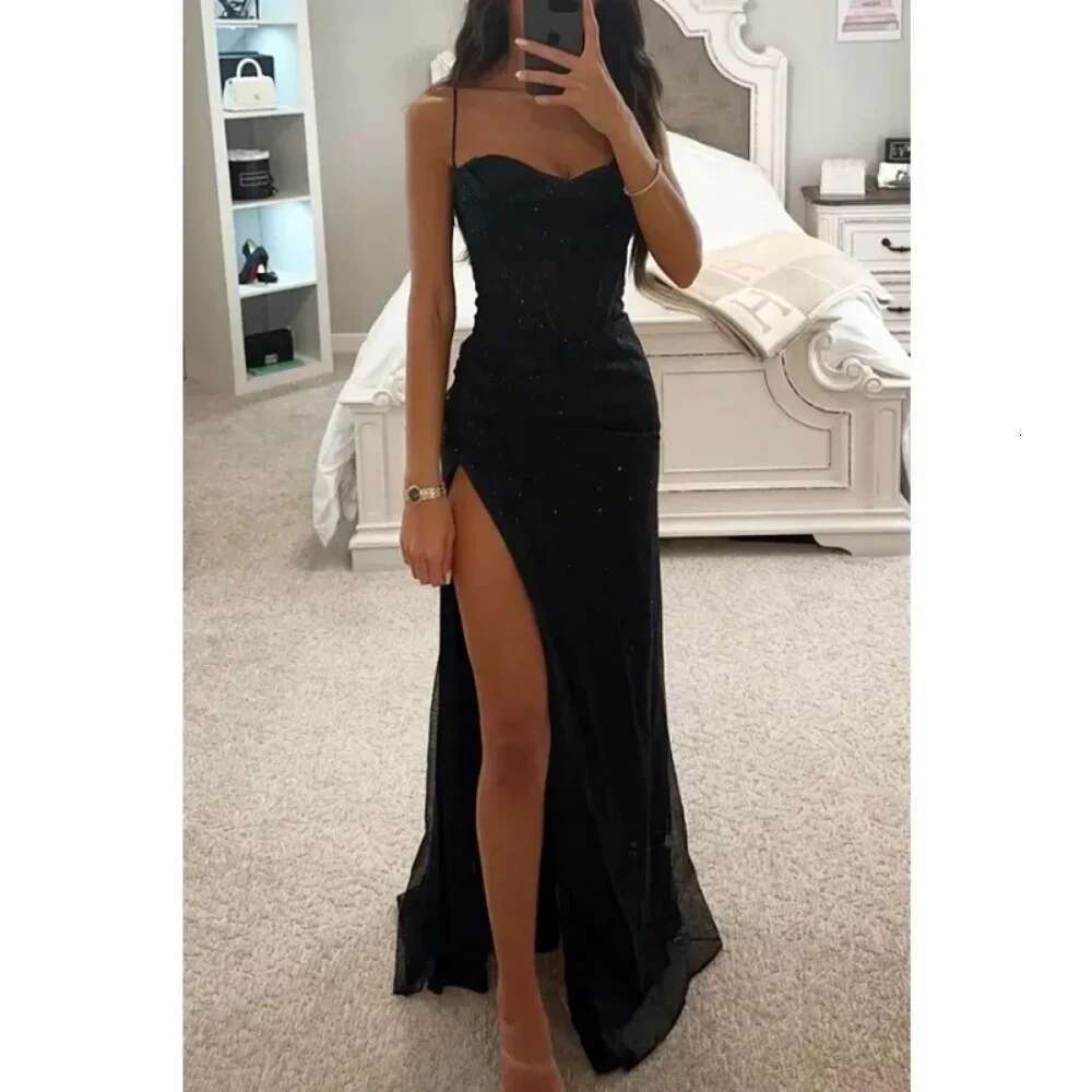 Women's S-XL size Party Fashion Suspender with A Straight Neckline Sleeveless Solid Color Slim Fit Slit Casual Long Dress