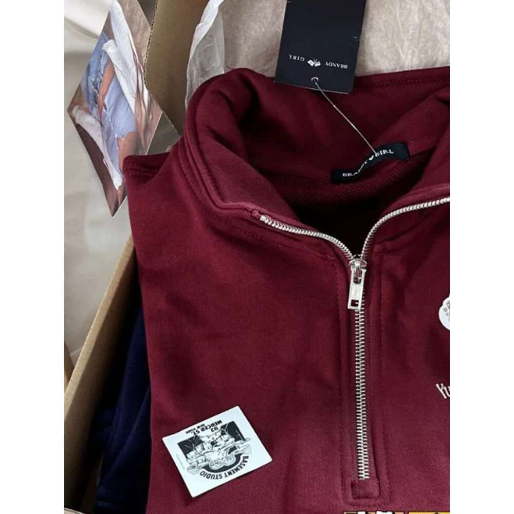 Bear Embroidery Half Zip-Up Sweatshirt Woman Autumn Long Sleeve Turn Down Collar Sweatshirts Vintage Streetwear Y2k Pullover Top Designer
