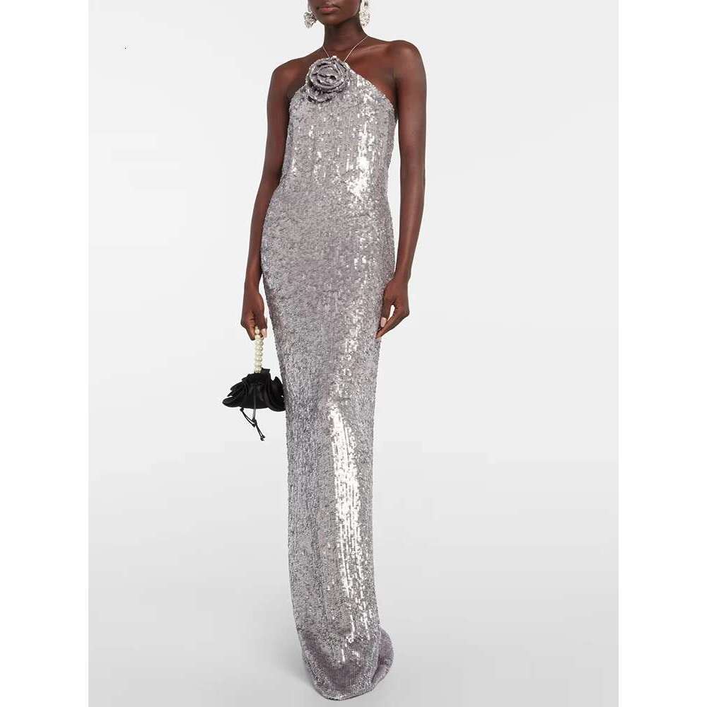 VC Floral Applique Sequined Sier Gown Halter Structured 3D Flower Backless Strings Tied Bodycon tail Party Evening Dress
