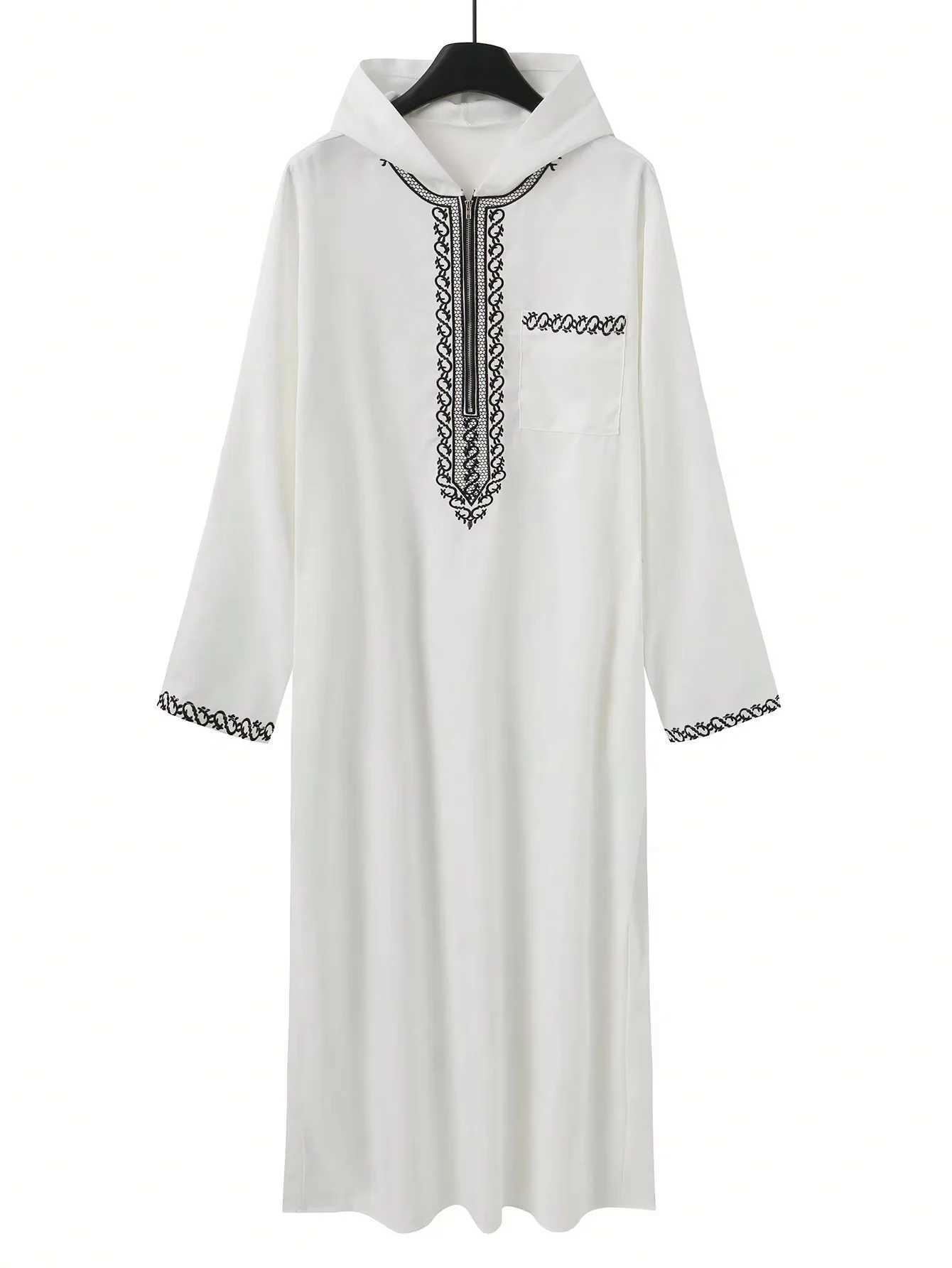 Mens hooded robe Abaya luxurious embroidery with side pockets traditional Muslim mens Moroccan style clothing X250514