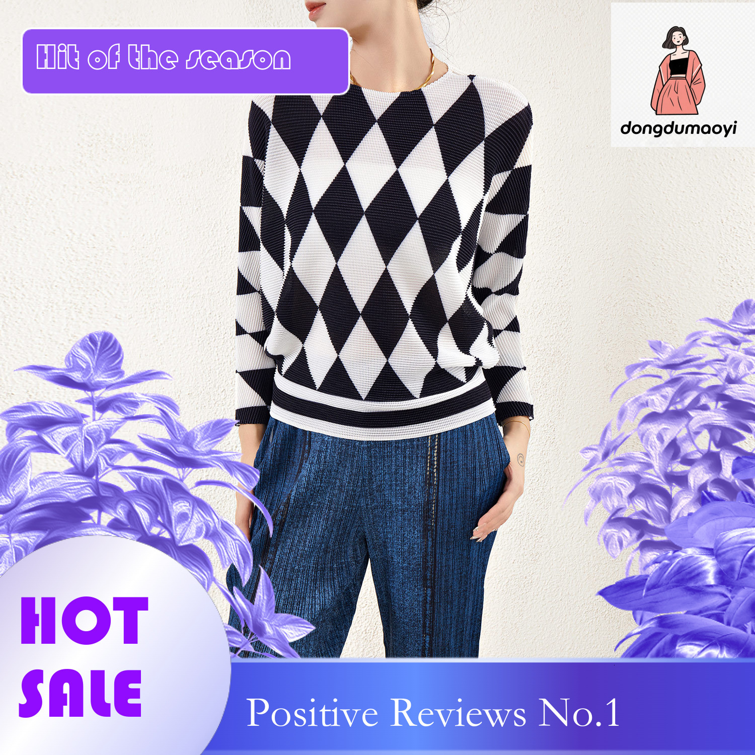 dongdumaoyi Miyake Diamond Grid Top Women's Loose Large Bat Sleeve Printed Wrinkle T-shirt Stylish Versatile Look Slimming Bottom Shirt
