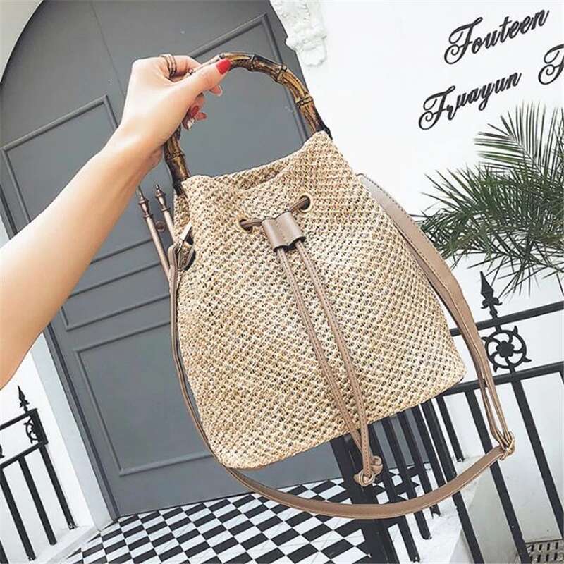 Summer Straw Handbag Women Rattan Handmade Bucket Large Capacity Shoulder Woven Messenger Hard Top-Hanlde Beach Bag