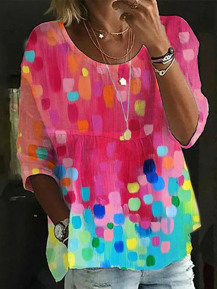 Fashion Loose Shirt Woman Elegant RoundNeck Printed Casual Holiday Weekend Top 250514