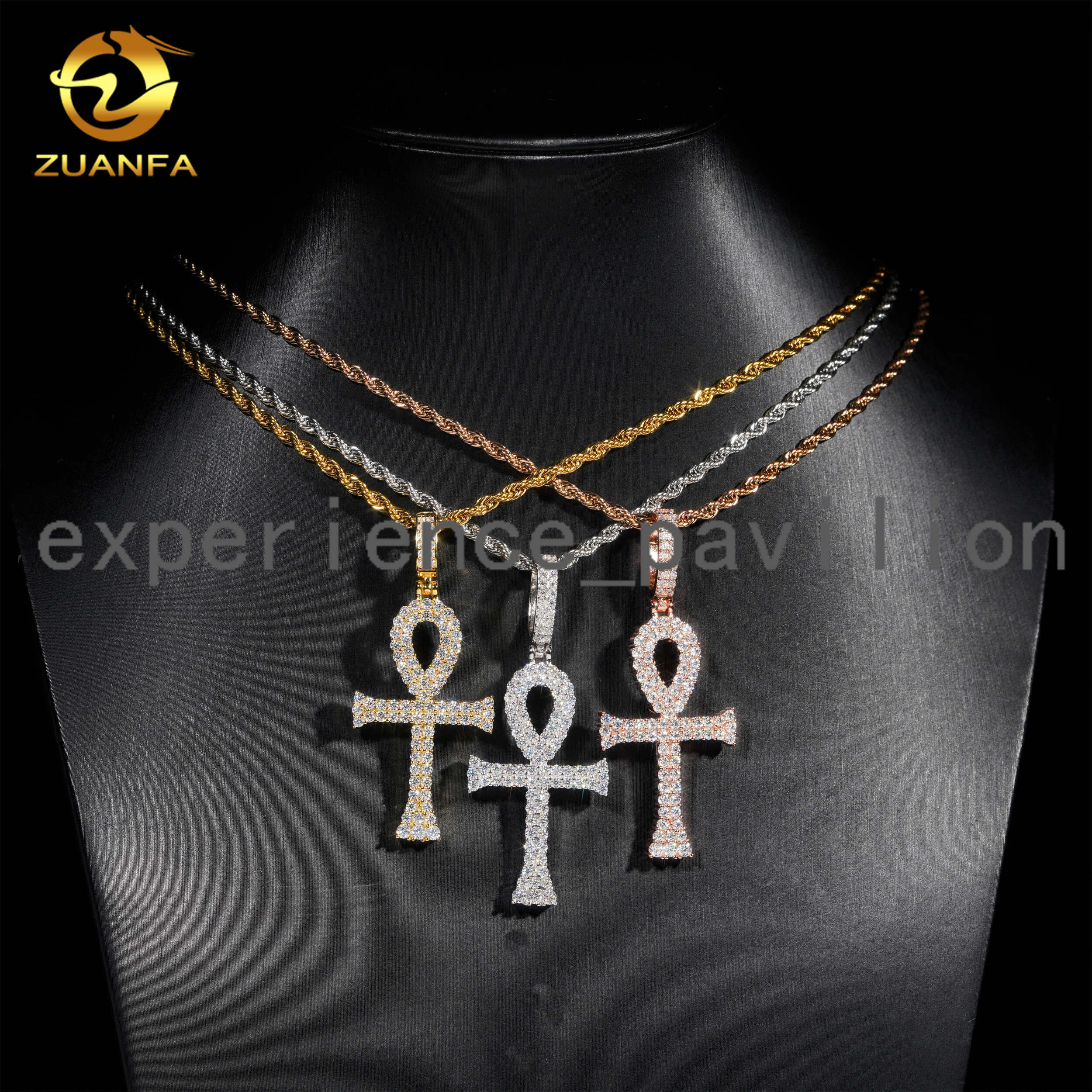48h Shipping 3 Colors Cross Pendant Round VVS Moissanite Diamond Iced Out Silver Men Women Fashion Fine Jewelry Ankh Pendant