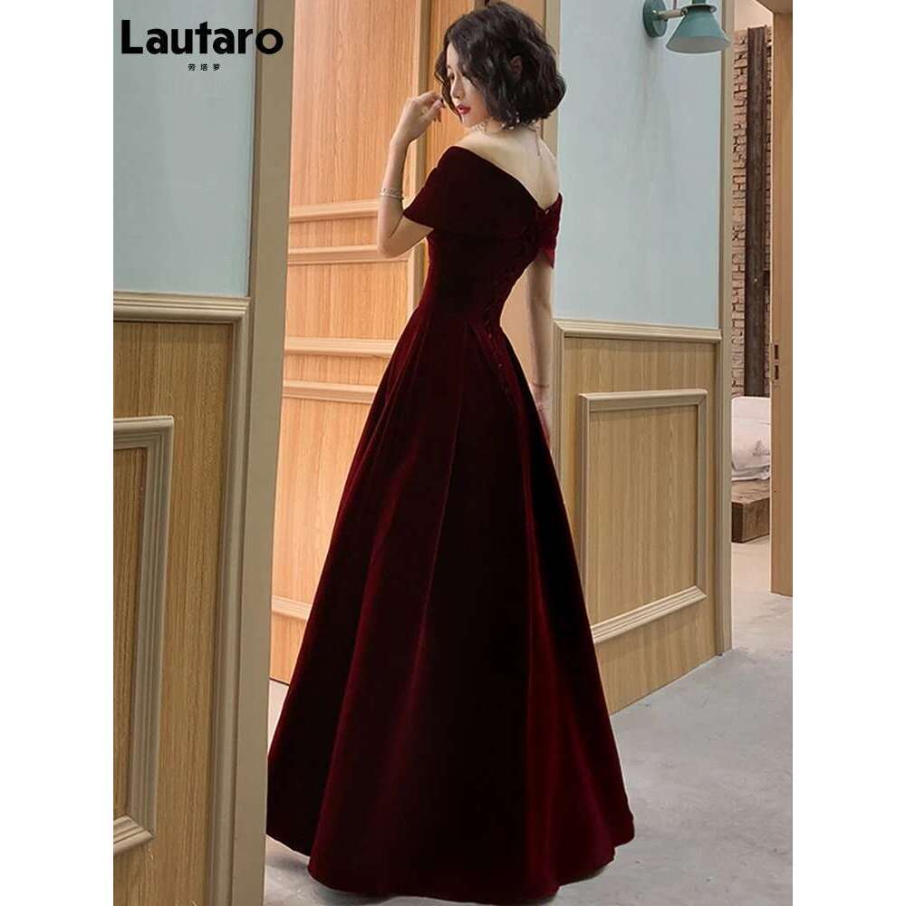Lautaro Spring Long Elegant Wine Red Soft Veet Evening Party Wedding Dresses for Women Off Shoulder Maxi Dress