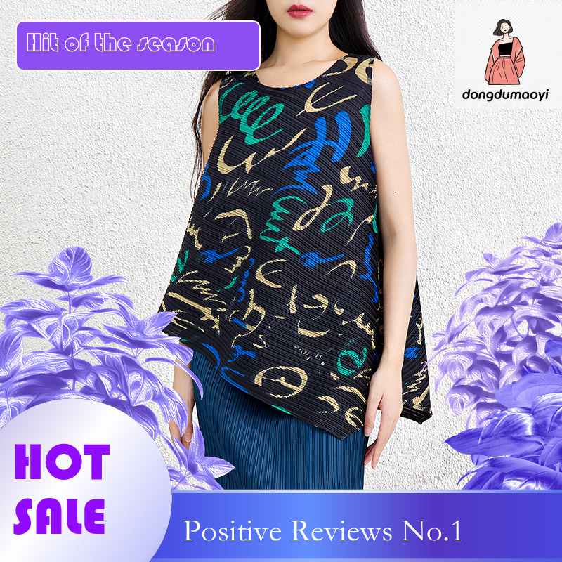 dongdumaoyi Miyake Dazhuang Sleeveless for Women 2025 New Summer Thin Printed T-shirt Loose Look Slim Large Fold Tank Top