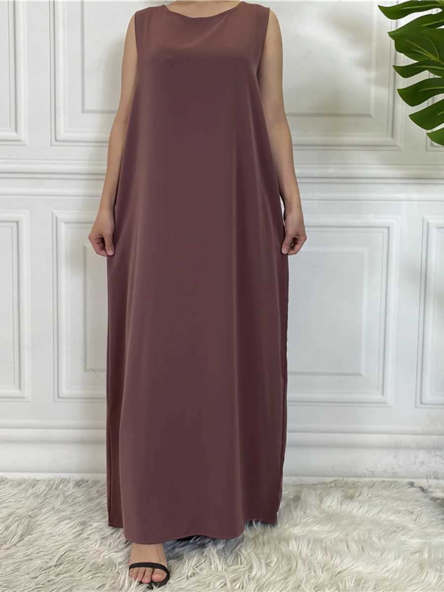 Muslim Middle East fashion womens slveless dress Dubai Arab pure color simple wind long dress Islamic casual womens clothing X250514
