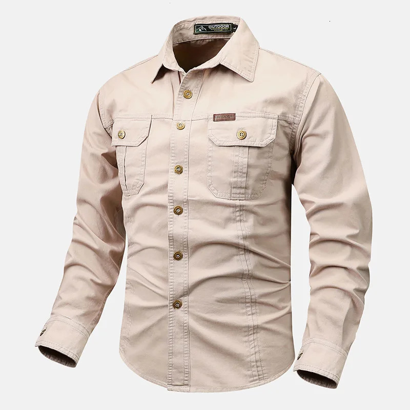Retro style mens long sleeved pocket n casual button up shirt Qutdoo for spring and autumn 250506Z
