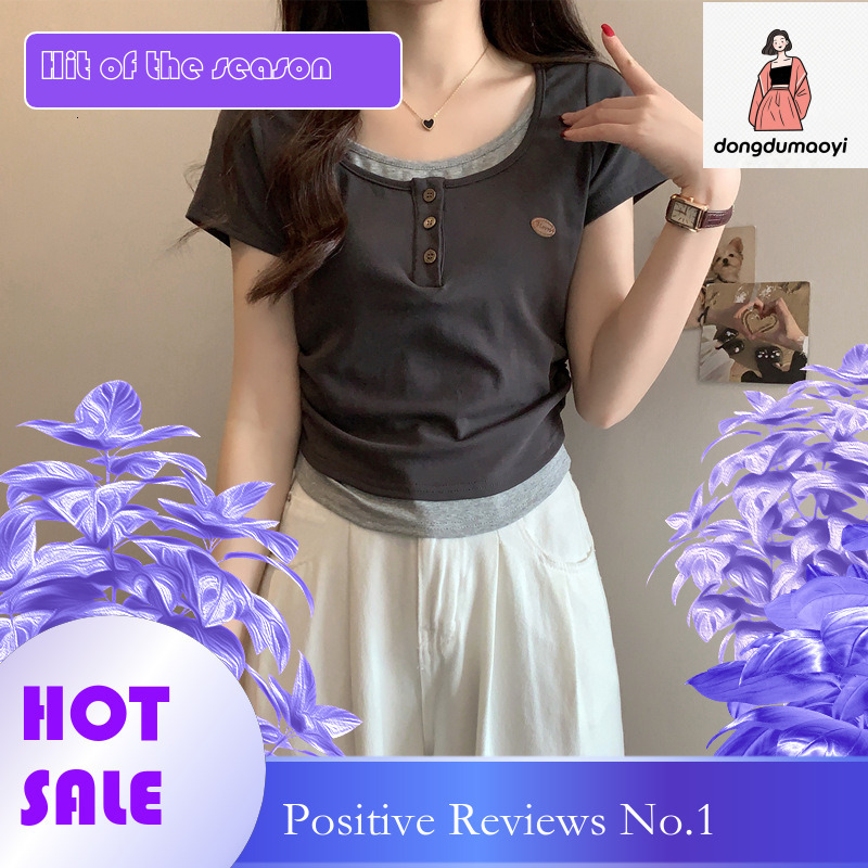 dongdumaoyi American style shoulder fake two piece sleeved T-shirt for women in summer 2025, new base small shirt, waist cinching and slimming short t