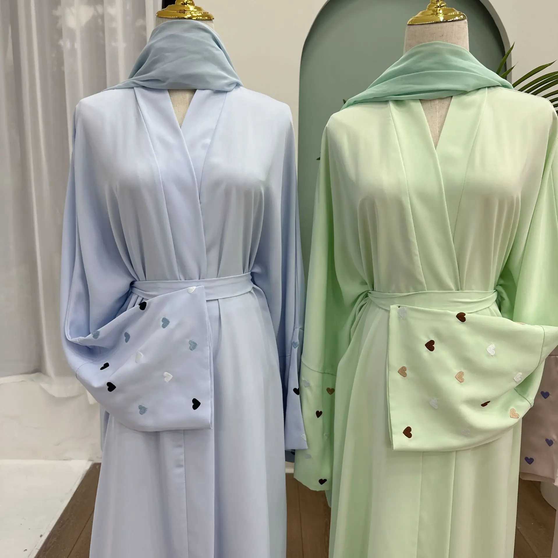 Women Heart Embroidery Long Slved Cardigan Muslim Abaya Dubai Party Burqa Loose Dress Ladies Kaftan Solid Color With Belt Robe X250514