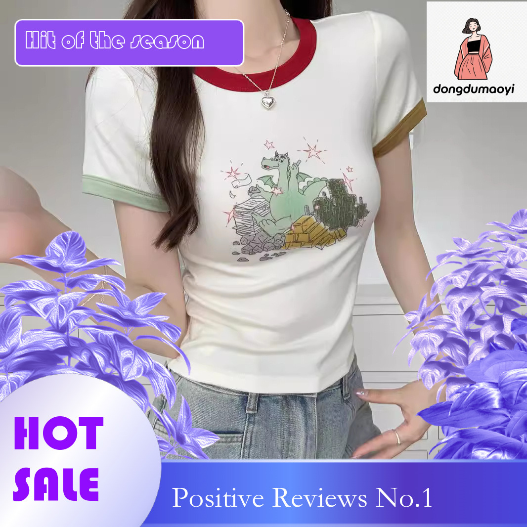 dongdumaoyi American printed shoulder sleeved T-shirt for women in summer, contrasting color round neck sweet spicy girl slim fit and slimming short t