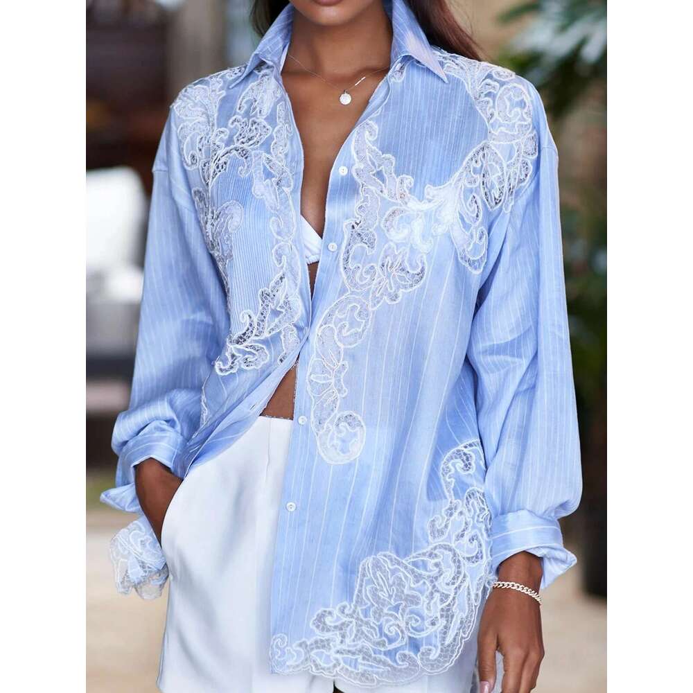 Women Casual Striped Turn Down Collar Long Sleeve Lace Applique Minimalist Vintage Plus Size Autumn Blouse Shirts
