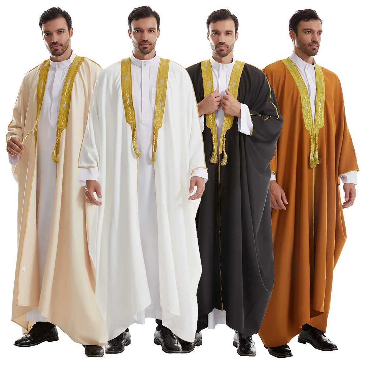 Muslim Men Long Sleeves PureColor Tassel Embroidery Cardigan Robe Arab Male Adult Ankle Length Bisht Thobe Ramadan Eid Clothes X250514