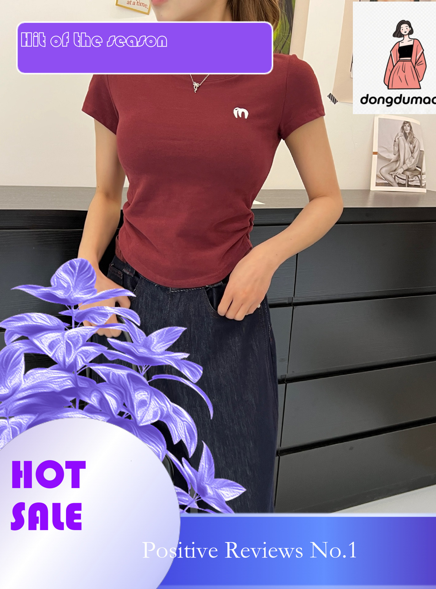 dongdumaoyi American style sleeved t-shirt for women in the summer of 2025, unique and chic embroidered short style, spicy girl waist cinching bottom 