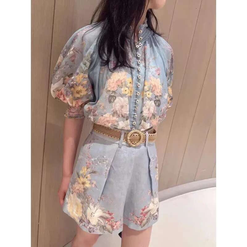 Plus Designer Print Cotton Linen Bubble Sleeve Shirt Shorts Belted High End Women's plus Size Clothing Chinese Style Sum...