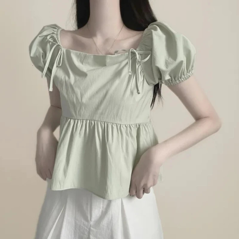 REALEFT Spring Summer Puff Sleeve Womens Bow Blouses Korean Style Solid Square Collar Casual Short Shirts Female 250514
