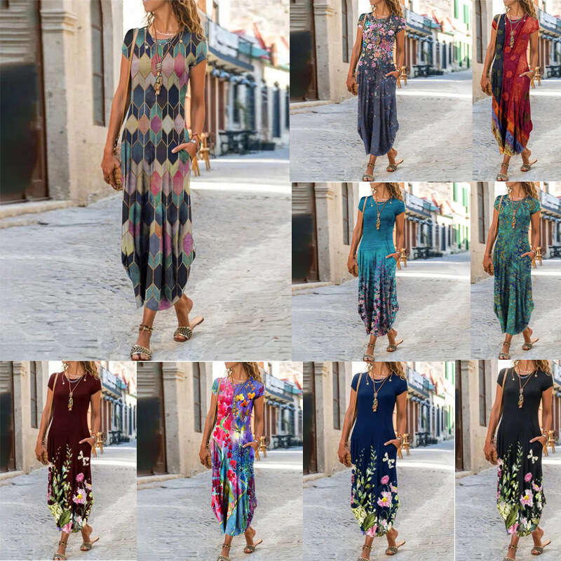 Women Clothes Dress New Women S Round Neck Pocket Short Sleeve Fashion Print Dress KQ