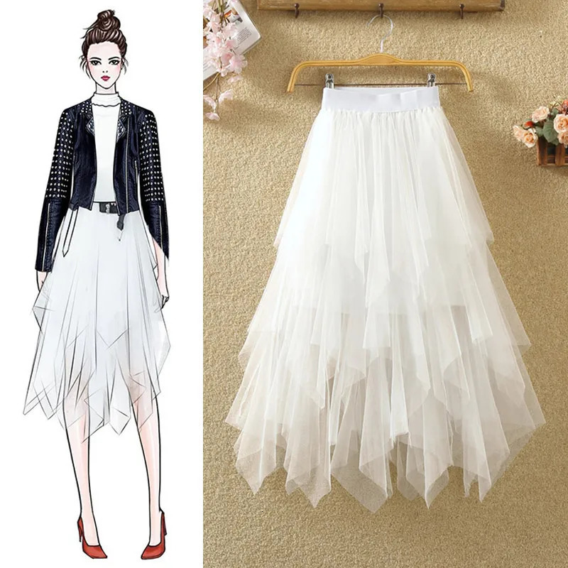 Womens Half Length Skirt Irregular Mesh High Waisted Versatile Slimming Aline Fluffy Gauze Medium 250514