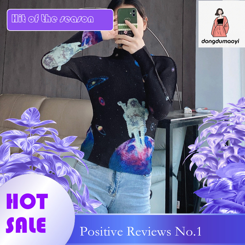 dongdumaoyi Miyake small print base short long sleeved top autumn design slim fit versatile half high neck slimming t-shirt for women