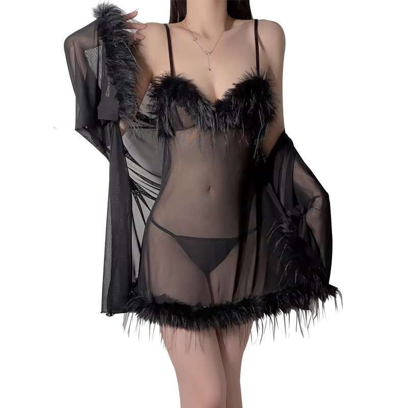 Sexy Mesh Home Clothes Plush Patchwork See-Through Seductive Suspender Nightdress Women's Pure Lustful Pamas Set