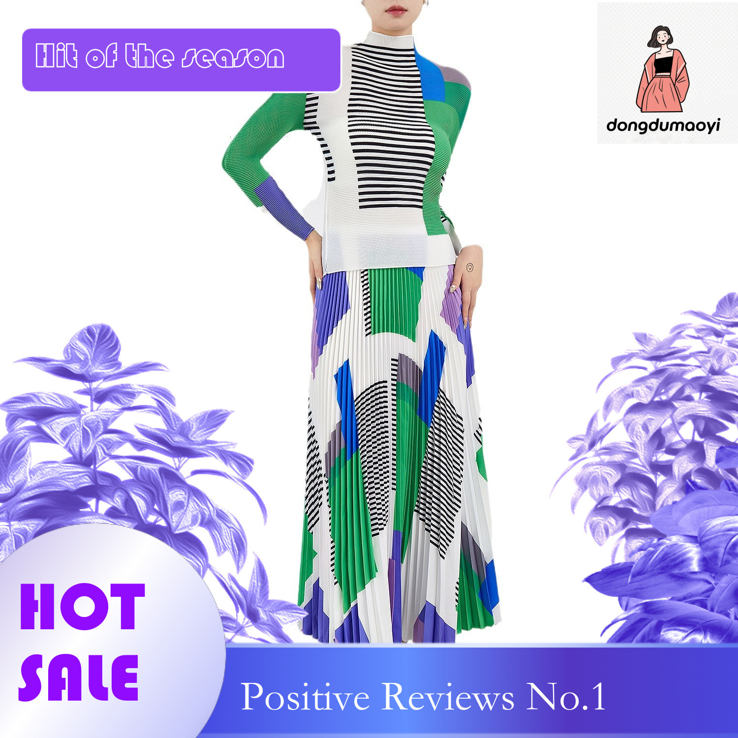dongdumaoyi Spring and Autumn Fashion Folded T-shirt High Collar Half Skirt Women's Two Piece Set Ins