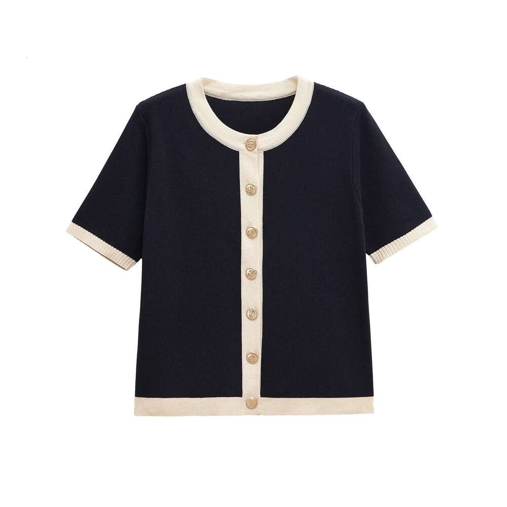 European And American Style New Round Neck Single-Breasted Fashionable Versatile Short-Sleeved Knitted Sweater