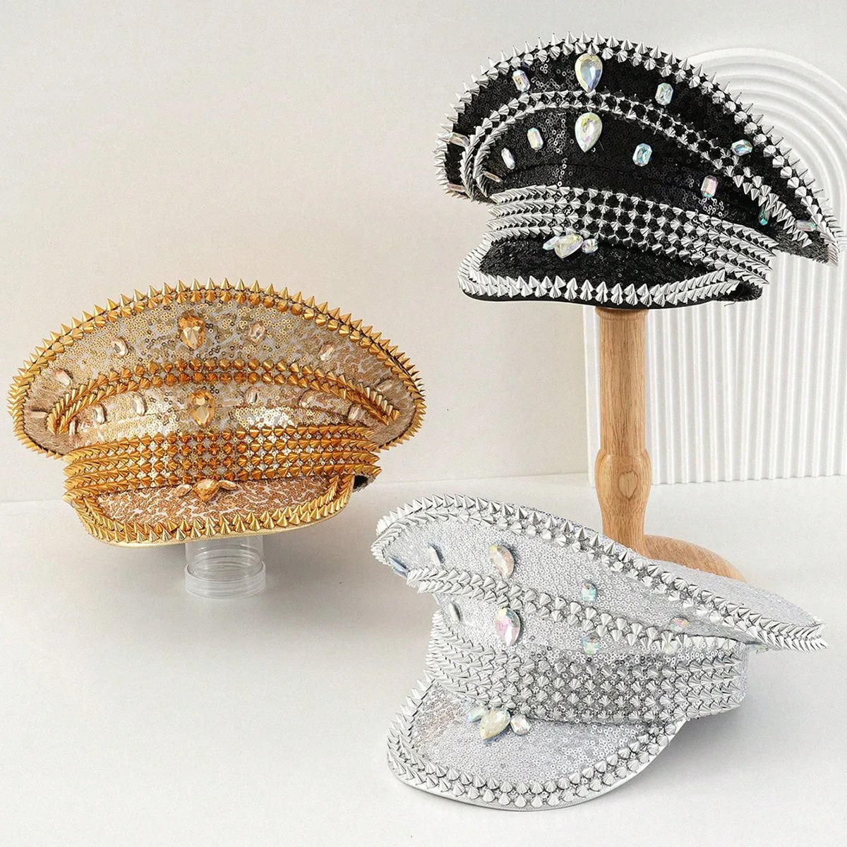 Silver Sequin Diamond Bride Caps Bling Visors Hen Party Queen Hats Beret Women Wedding Hat Pography Shows Accessories 250513