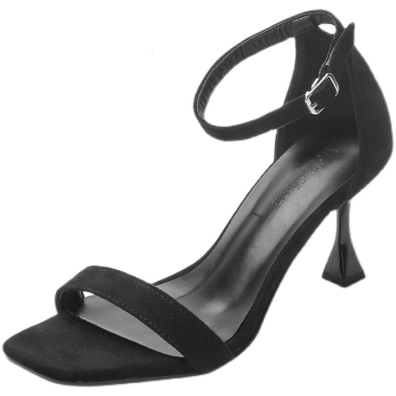 Designer sandals summer 2025 new edition, Korean version, open toed suede, square toe, empty back, straight buckle with high heels, women's slim 