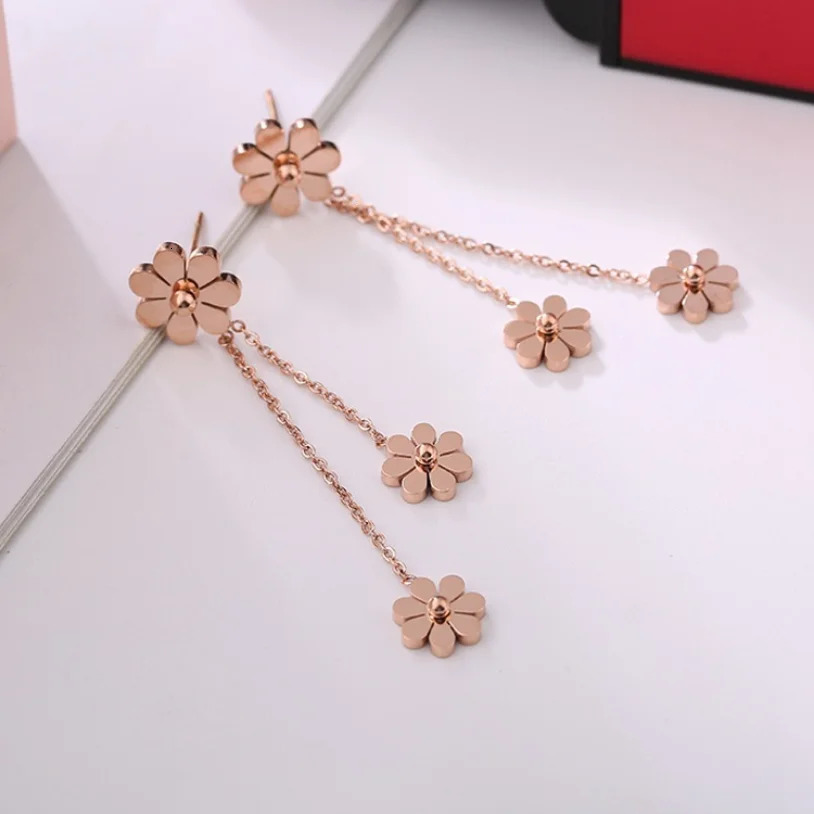 316L Stainless Steel Fashion Upscale Jewelry Sweet Daisy Flowers Studs Piercing Charm Chain Tassel Drop Earrings For Women 250513