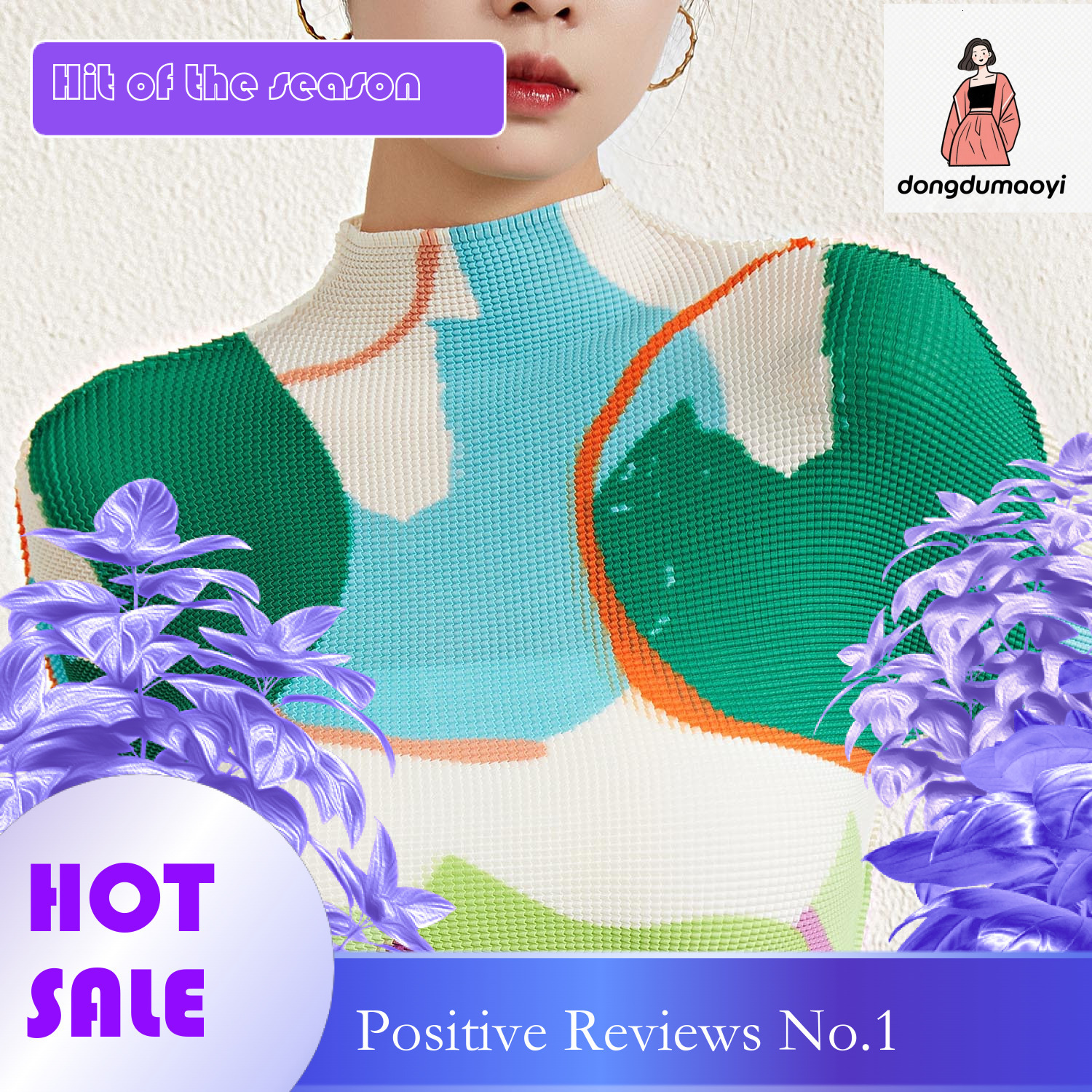 dongdumaoyi Miyake niche chic design long sleeved half neck pleated printed top spring style women's age reducing western-style base small shirt