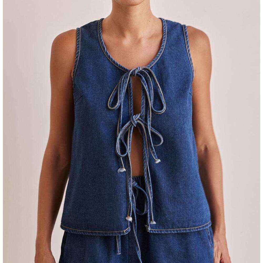 2025 Style Summer Fashion Casual Sleeveless Lace Up High Waisted Womens Vest Denim Suit Shorts for Women High Elasticity Versatile Printing New Produc
