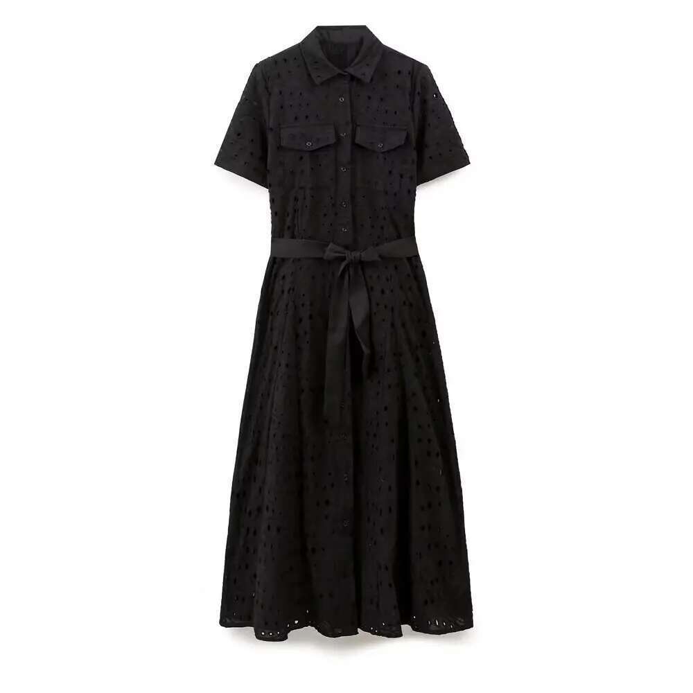ZBZA Women's Embroidered Hollow Dress Lapel Short Sleeves Tie A-line Midi Spring Summer New Slim Casual Chic Long Skirt