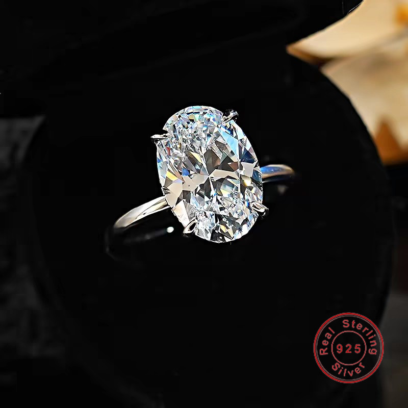 Solitaire Lady Wedding Rings Elegant Sparkling Noble Jewelry Genuine 1005 925 Sterling Silver Large Oval Cut White Lab Moissanite Diamond Eternity Wom