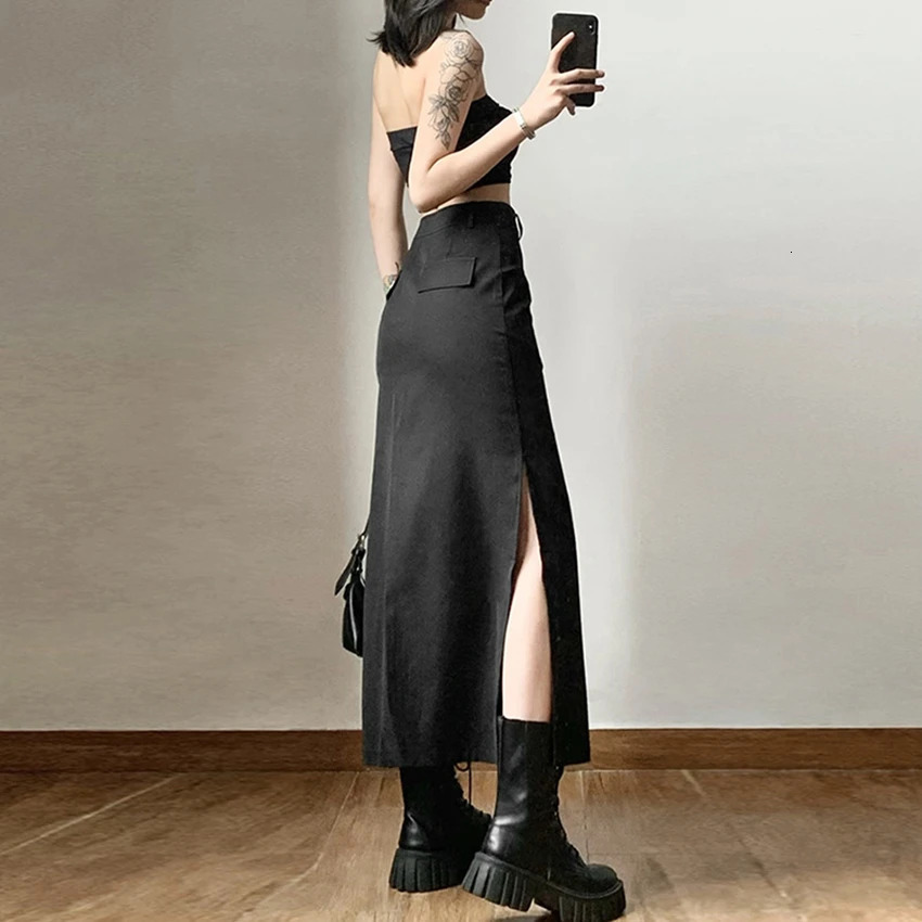 Goth Dark Elegant Mall Gothic Trumpet Women Midi Skirts Grunge High Waist Split Sexy Club Long Skirt Slim Party Streetwear 250514