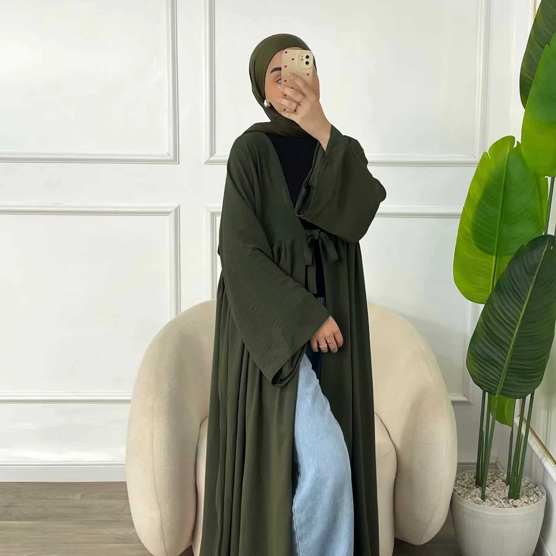 Eid Muslim Open Abaya for Women Dubai Modest Dresses Jalabiya Cardigan Robe Lace Up Islam Vestidos Ramadan Morocco Arab Kaftan X2505141