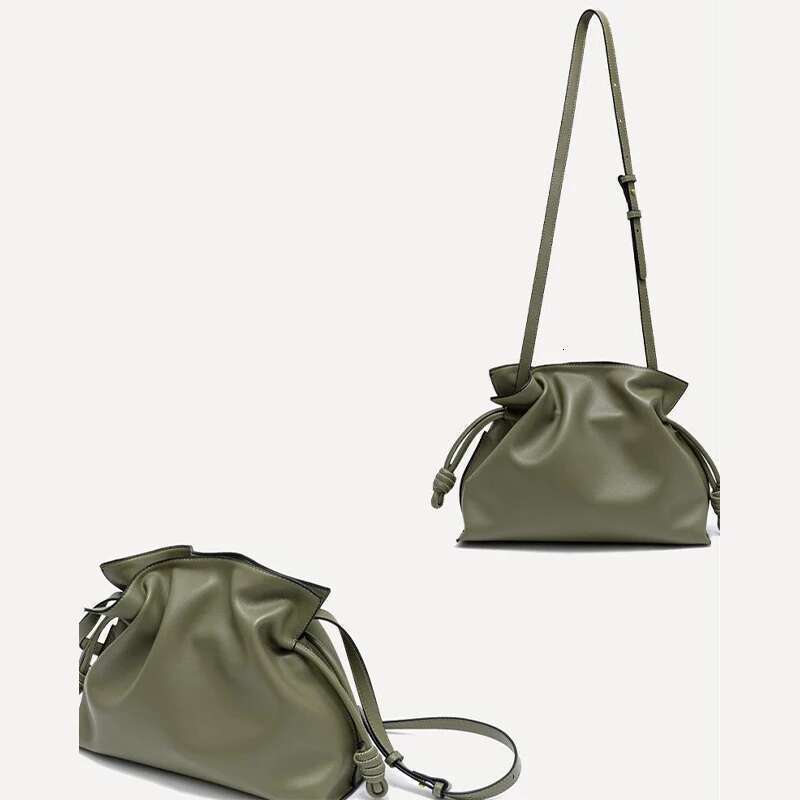 Spanish Elegant Cowhide Crossbody Shoulder Bag,Drawstring Pleated Lucky Bag,Designer Solid Color Women's Bucket Handbag