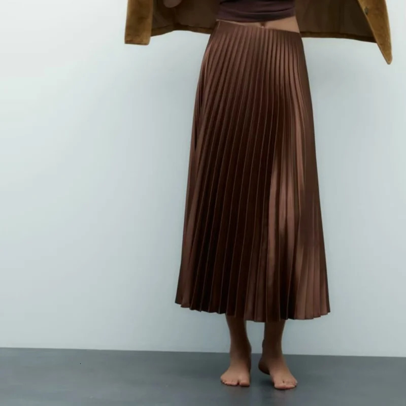 European and American style temperament versatile satin texture high waist pleated skirt 250514
