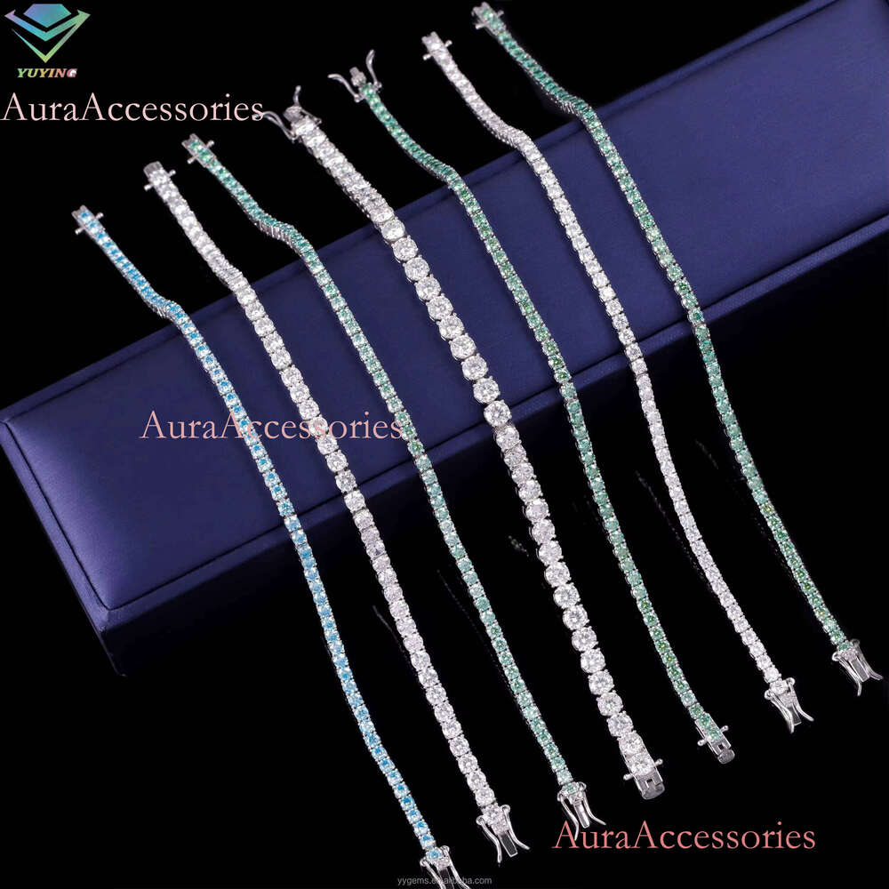 In Stock 3MM 4MM Fancy 100% Pass Tester Sterling Sier Green Blue Moissanite Tennis Bracelet
