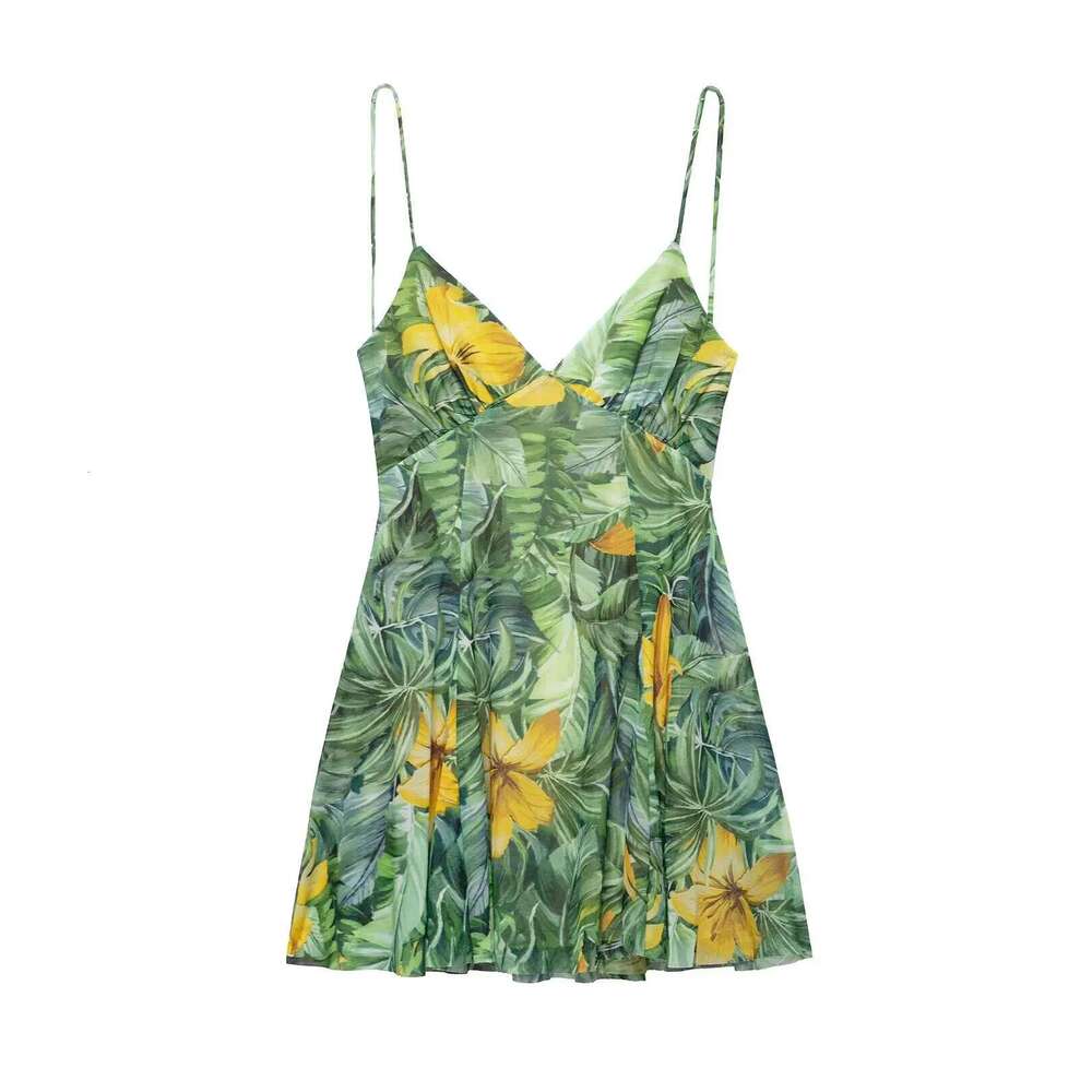UNIZERA Women's Fashionable Slim Fit Printed Silk Mesh V-Neck Backless Camisole Temperament Summer New Dress
